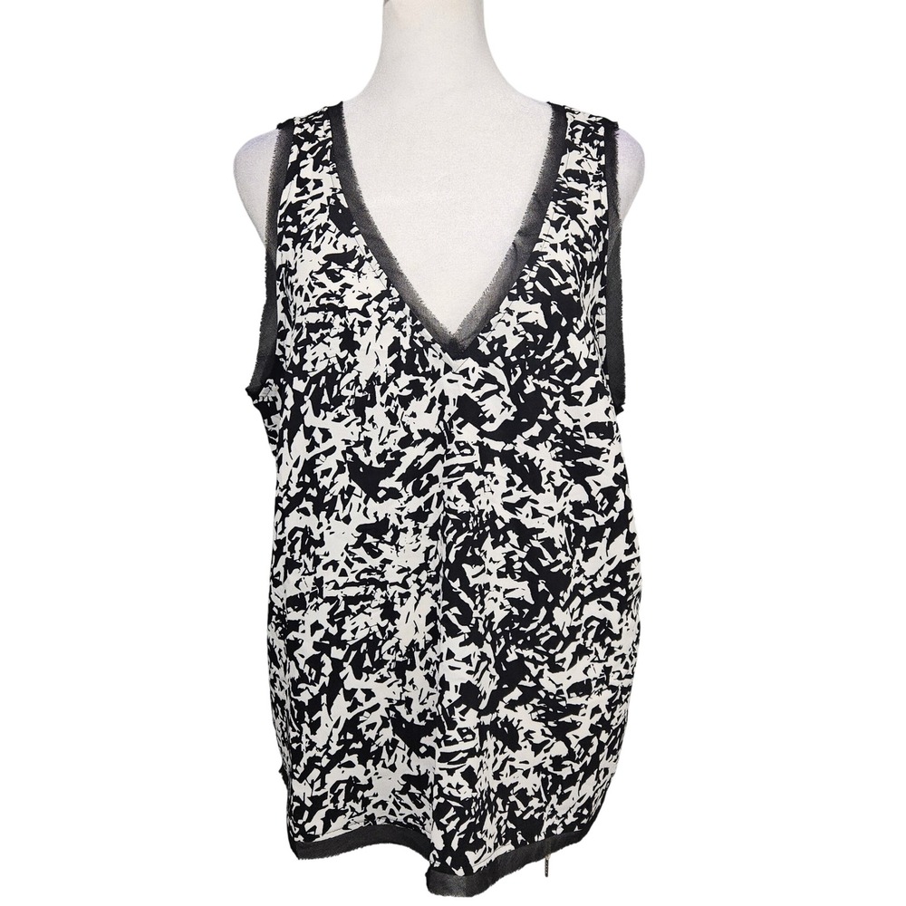 Halogen Womens Black Ivory Paper Specks V-Neck Mesh Trim Tank Top Size L NEW